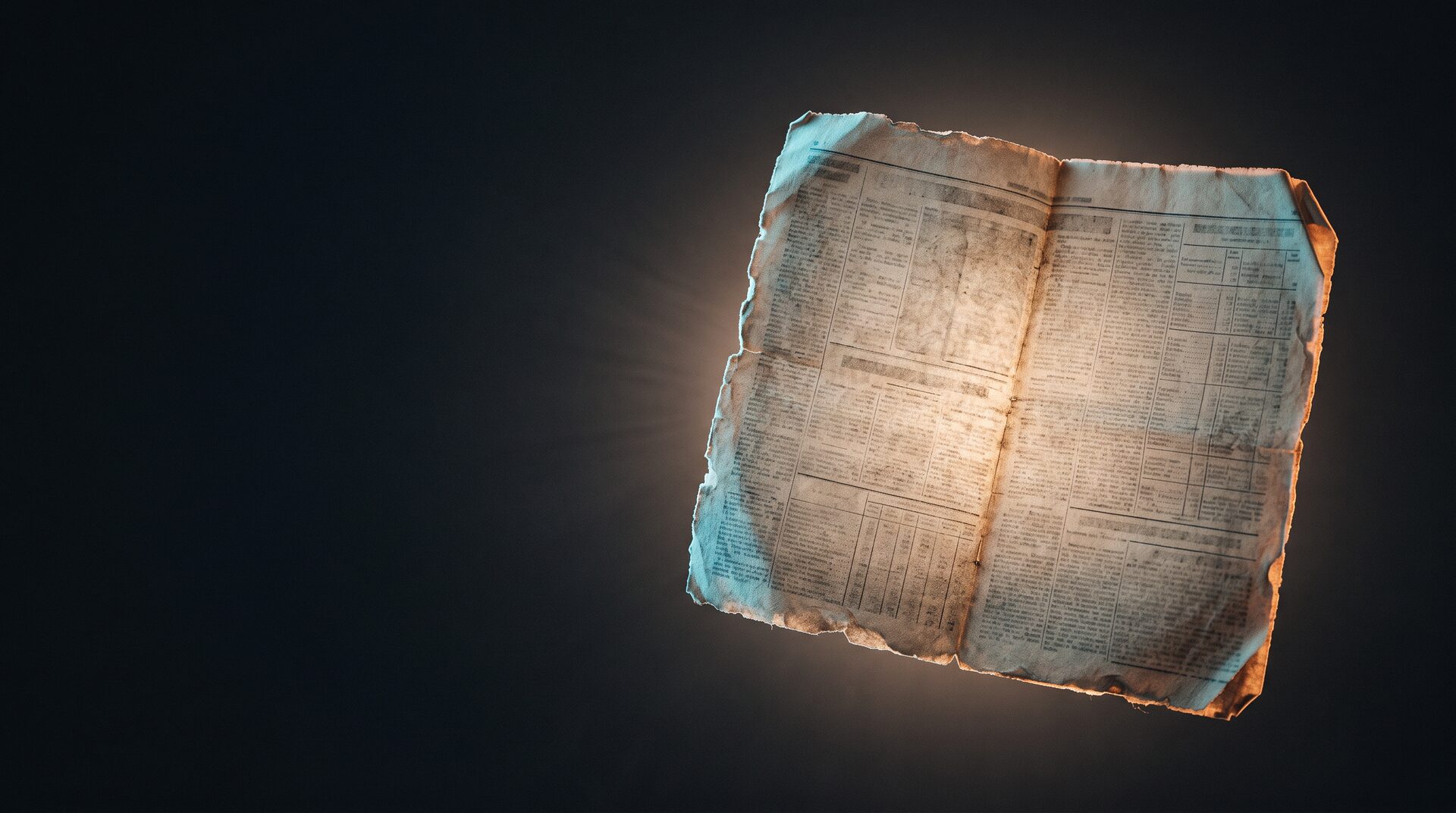 A weathered broadsheet leaf, backlit against a dark ground