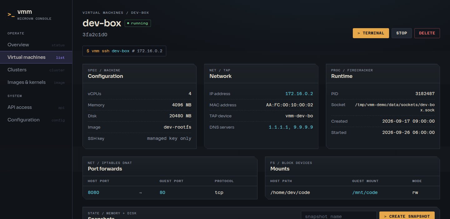 vmm-web VM detail page showing configuration, network and runtime panels plus port forwards and mounts